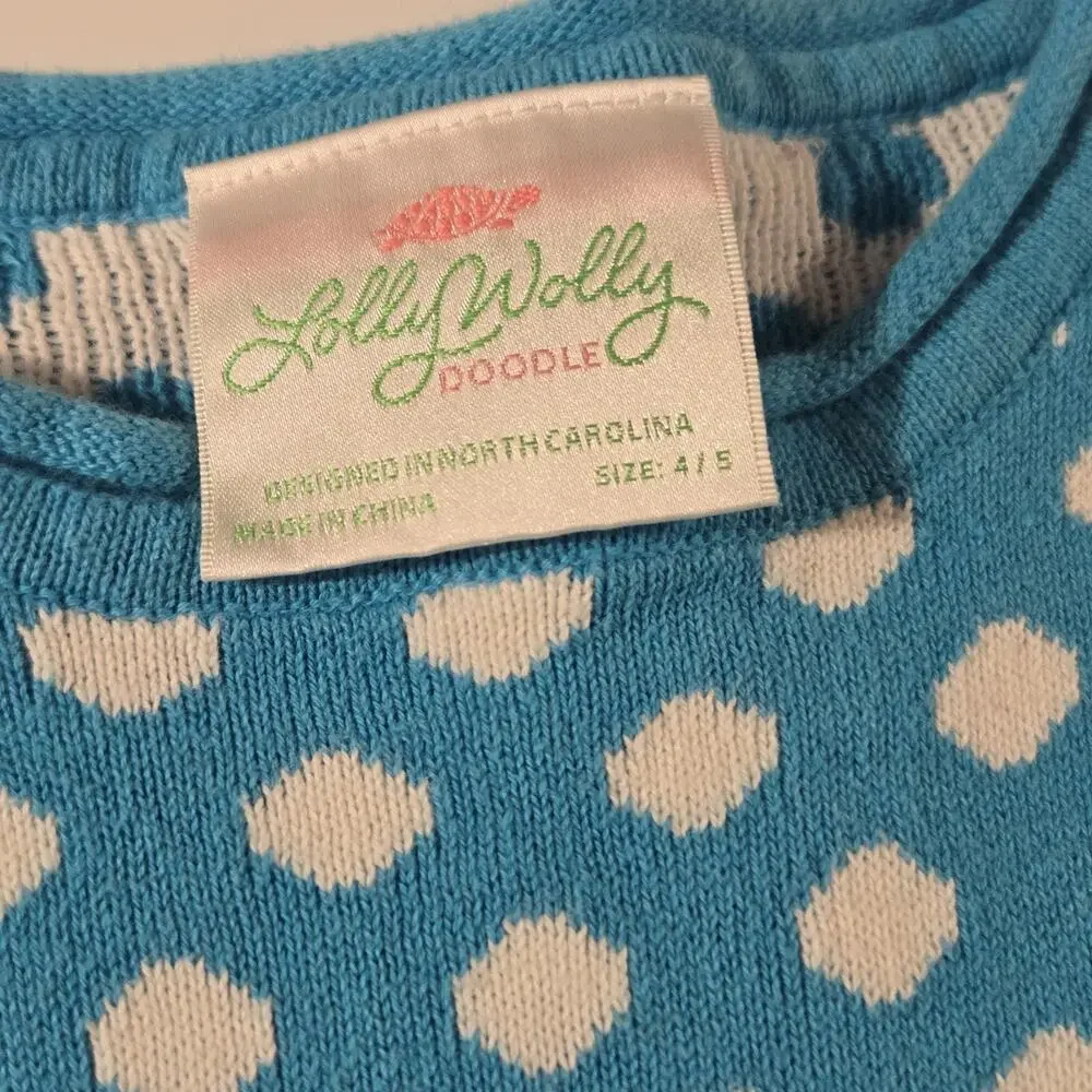 LOLLY WOLLY‎ DOODLE Tiered Ruffle Dress Vtg Blue White Cotton Knit Girls 4/5